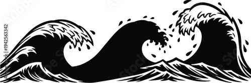 Black and White Ocean Wave Illustration, Vector Sea Waves Clipart for Nautical and Surf Designs