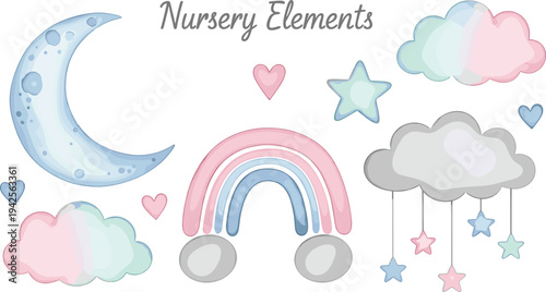 Nursery Elements: Moon, Clouds, Rainbow, Stars, and Hearts Illustration