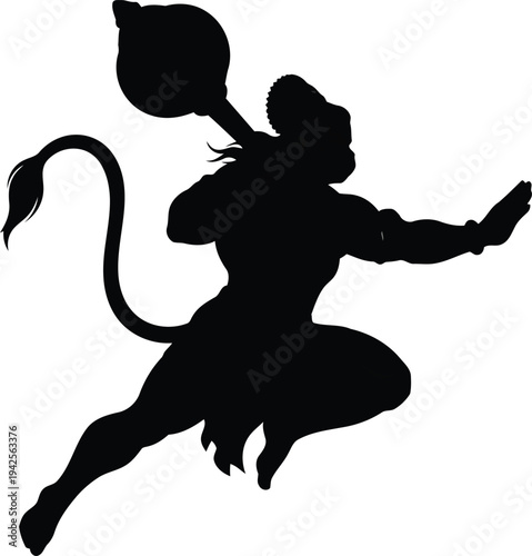 Silhouette of Hanuman Jumping with Mace Isolated on White Background for Hindu Religious Art