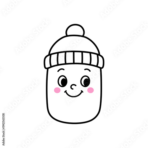 Cute smiling baby bottle character with pom-pom hat illustration featuring an adorable infant milk container mascot wearing a winter cap with a happy face in a minimal nursery design