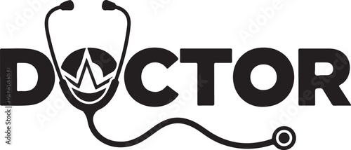 Medical logo featuring a stylized stethoscope and the word doctor isolated on transparent background, Vector