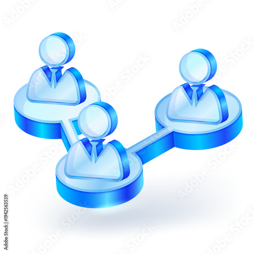 isometric glass icons representing professional team collaboration, business networking, and hierarchical structure or social connection. Vector illustration.