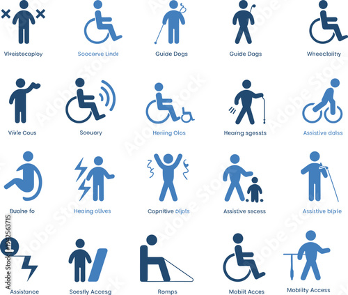 Accessibility and Disability Icon Set Featuring Wheelchair Access Guide Dogs Blind Assistance Hearing Impairment and Inclusive Mobility Symbols