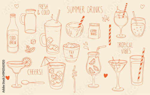 Hand drawn iced coffee and summer drinks doodle set. Collection of refreshing beverages including takeaway coffee cups, glass cups with ice, cold brew, iced coffee, cocktails, mint leaves and straws.
