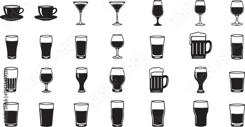 A diverse collection of various types of drinkware and glassware isolated on transparent background, Vector