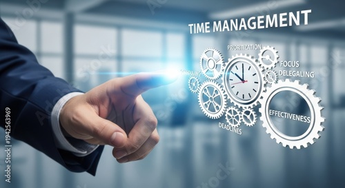 Hand of Person Pointing Finger at Time Management Concept for Business Efficiency and Productivity