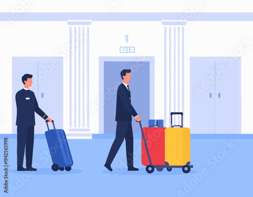 flat vector illustration of hotel bellboy pushing luggage cart