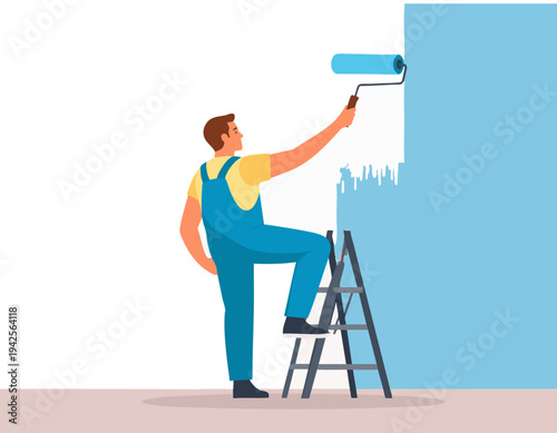 flat vector illustration of painter rolling paint on wall with roller