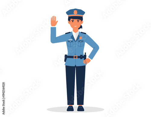flat vector illustration of police officer raising hand signaling stop traffic