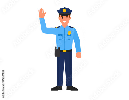 flat vector illustration of police officer raising hand signaling stop traffic