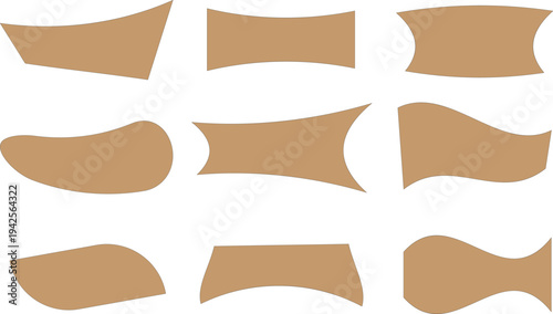 Set of vintage mid-century modern organic wavy brown shapes and retro abstract liquid frames for text and graphic design elements.