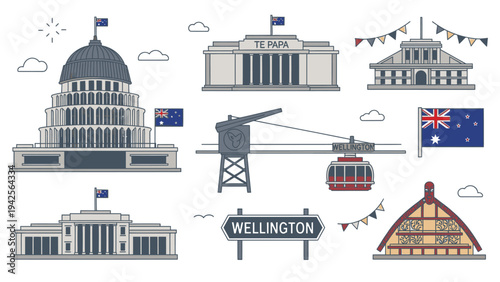 Flat illustration set of iconic Wellington landmarks and symbols against a clean white background with a mix of gray, blue, and red colors.