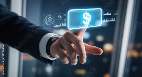 Hand of Businessman Pushing Virtual Web Button with Dollar Sign for Financial and Currency Concept