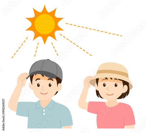 帽子をかぶって暑さ対策をする大人の男女