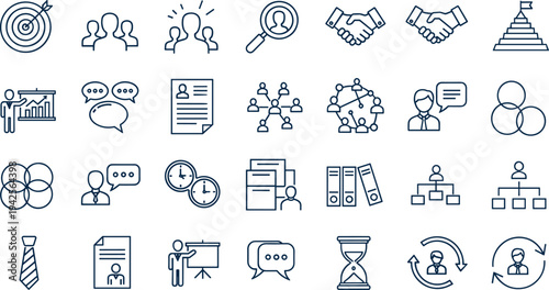Human Resources and Business Team Line Icon Set Featuring Recruitment Networking Leadership Career Growth Communication Strategy Management and Corporate Partnership Symbols