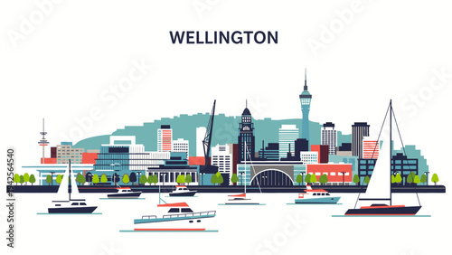 Illustration of Wellington cityscape with harbor and boats against a white background, featuring a stylized skyline with buildings and a prominent hill.