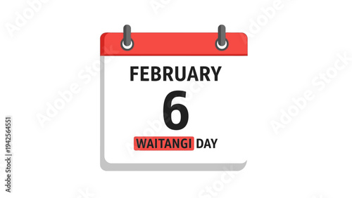 Graphic illustration of a calendar page marking February 6 as Waitangi Day on a plain white background.