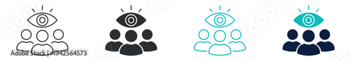 Audience analytics icon set, people group with eye monitoring symbol, outline and solid and color style. Vector illustration.