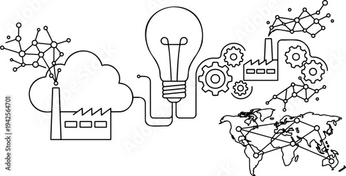 Line art vector of smart factory, industrial innovation, and global network