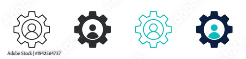 User settings icon set, account profile inside gear configuration symbol, outline and solid and color style. Vector illustration.