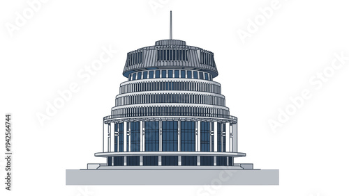 A 3D illustration of the Beehive building in Wellington, New Zealand, with a white background and gray tones.