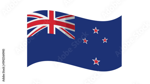 The flag of New Zealand waving on a plain white background with a blue field and red stars.
