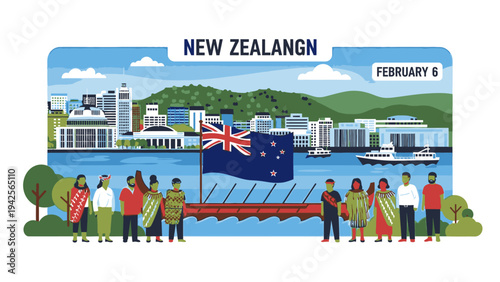 Illustration of diverse people standing near a traditional Maori canoe with the New Zealand flag, in front of a city skyline and harbor, with green hills in the background.