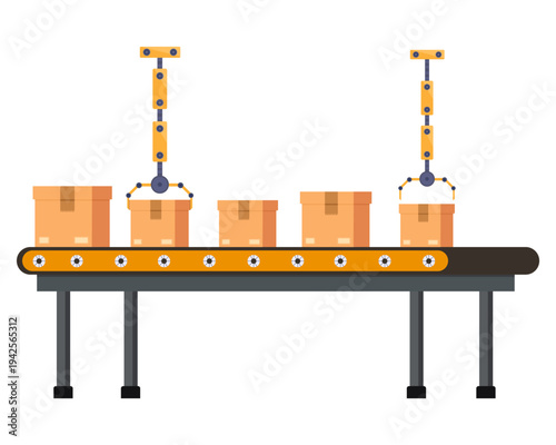 Conveyor belt with cardboard boxes at factory automated machine in production line with product packaging vector illustration