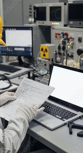 Laboratory technician analyzing data at workstation with equipment