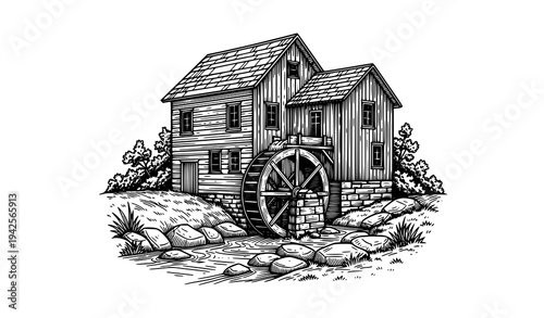 Vintage water mill landscape with creek and water wheel engraving vector design
