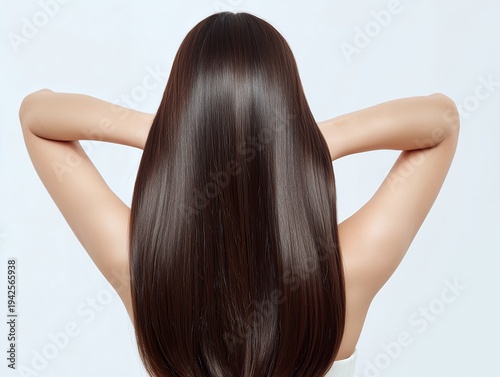 後ろ姿で両手を頭に添えて美しい艶のあるロングヘアを見せるストレートヘアの女性