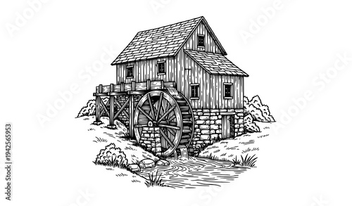 Old water wheel mill by stream vintage engraving style vector illustration