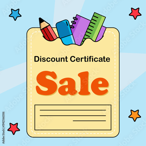 An illustration of a discount coupon for school supplies.