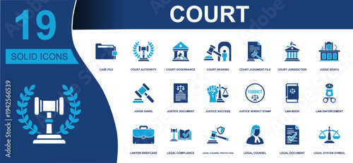 Court icon set. Containing case file, courthouse, hearing, judgment, jurisdiction, gavel, justice document, law book, lawyer, compliance, verdict and more. Solid vector icons collection.
