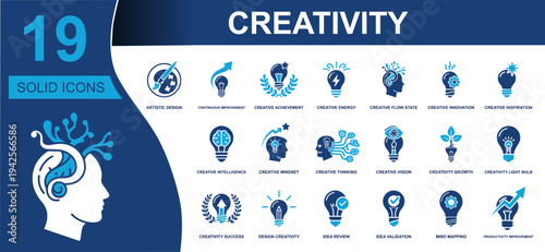 Creativity icon set. Containing artistic design, inspiration, innovation, idea validation, mindset, mind mapping, creative thinking, energy, growth and more. Solid vector icons collection.