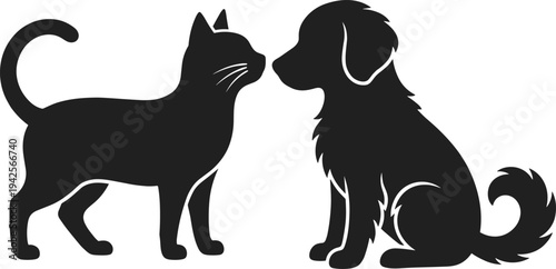A charming vector illustration featuring the silhouettes of a friendly cat and dog facing each other, and the harmonious bond between these two popular household pet animals.
