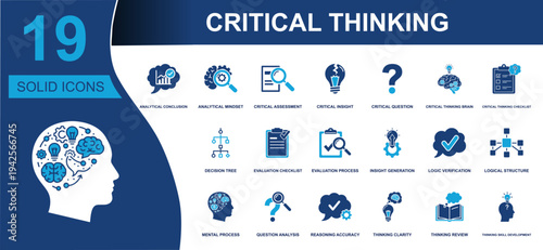 Critical thinking icon set. Containing analysis, assessment, insight, decision tree, evaluation, logic verification, reasoning, clarity, question and more. Solid vector icons collection.