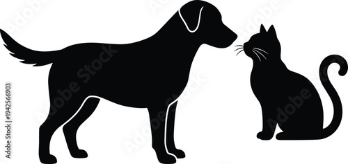 Minimalist black silhouette illustration of a friendly dog and cat standing face to face on a clean white background.