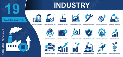 Industry icon set. Containing factory, production, maintenance, analytics, safety, compliance, logistics, performance, sustainability, cost control and more. Solid vector icon collection.