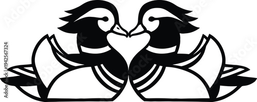 Stylized vector illustration of two mandarin ducks facing each other, representing love, loyalty, and harmony, perfect for decorative designs, greeting cards, or cultural symbolic art projects.