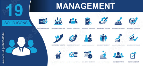 Management icon set. Containing analytics, collaboration, compliance, leadership, performance, scheduling, strategy, planning, team, quality control and more. Solid vector icons collection.