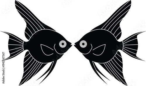 Symmetrical duo of stylized angelfish in minimalist black and white vector illustration, perfect for logos,