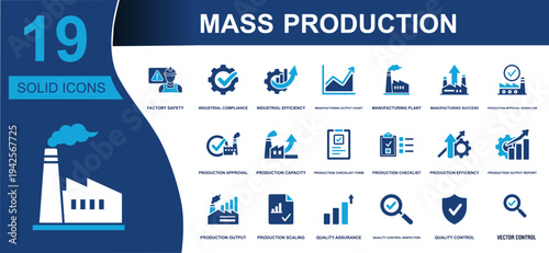 Mass production icon set. Containing factory safety, compliance, efficiency, manufacturing plant, output, checklist, scaling, quality control and more. Solid fill vector icons collection.