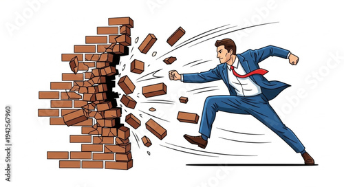 Man Breaking Through Brick Wall.