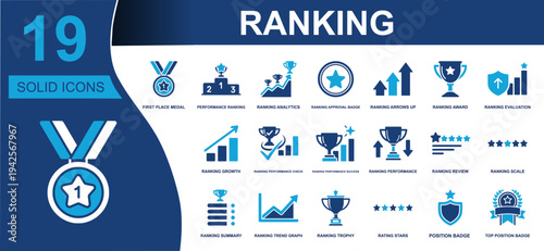 Ranking icon set. Containing medal, performance ranking, analytics, award, review, trophy, rating stars, growth chart, position badge, evaluation and more. Solid vector icons collection.