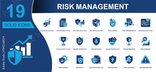 Risk management icon set. Containing assessment, controls, mitigation, monitoring, policy, response, protection, oversight, warning and more. Solid fill vector icons collection for business.