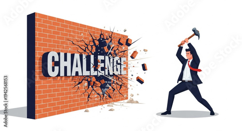 Businessman Breaking Through Brick Wall.