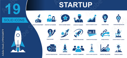 Startup icon set. Containing investment, founder, feedback, innovation, MVP, launch, pitch deck, pivot, valuation, teamwork and more. Solid vector icons collection for startup business.