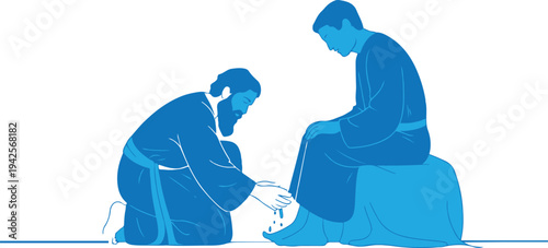 Illustrating compassionate care as one individual kneels to wash the feet of another in a deeply symbolic gesture of respect and spiritual fellowship, representing kindness and community spirit
