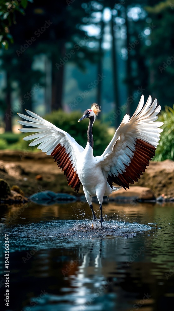 Obraz premium A white bird with its wings spread out in the water